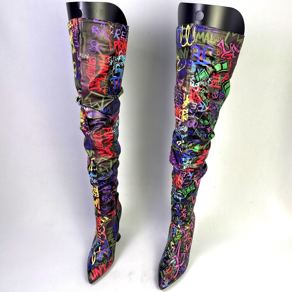 Revive Graf Multicolor Graffiti Print Over The Knee Flared Heel Boots woman  6.5